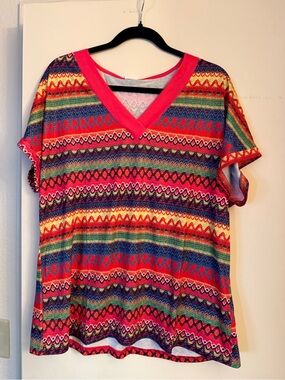 WIHOLL Women's Colorful Geometric Chevron Stripe V-Neck T-Shirt Size XL